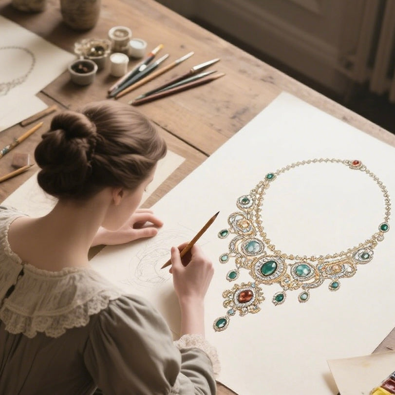 a female designer drawing a new piece of jewelry